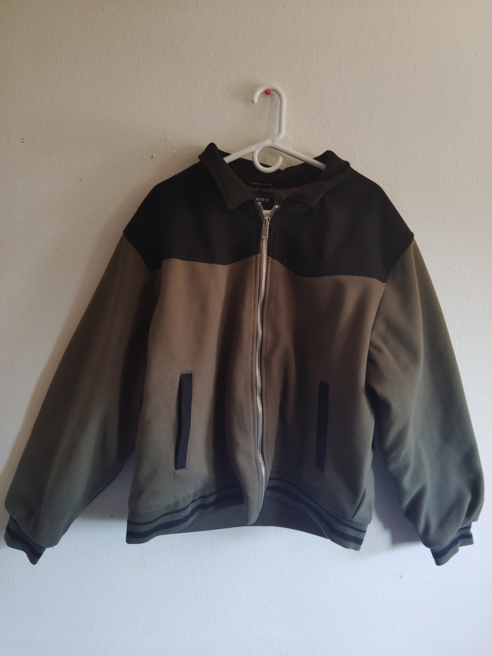 Colorblock Zip-Up Olive Green and Black Bomber Jacket